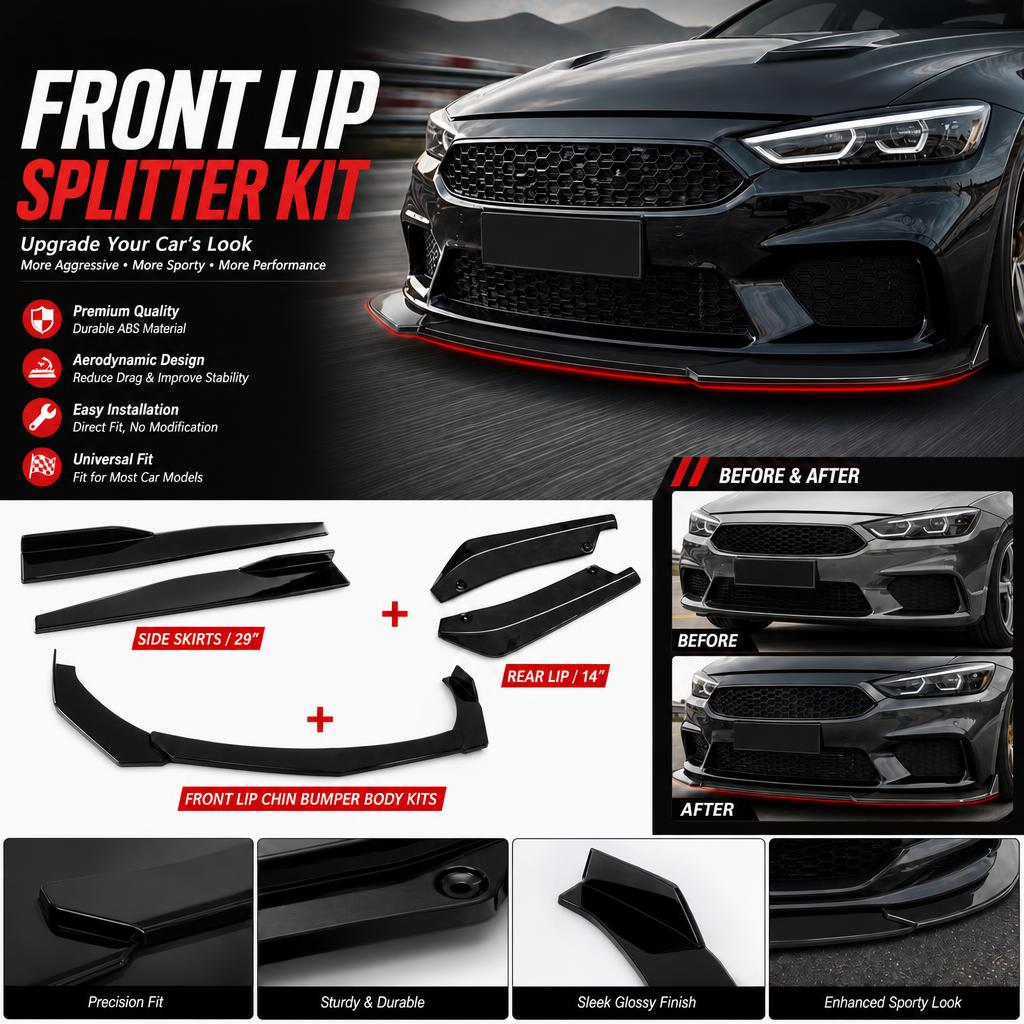  5 Piece Front Bumper Lip Splitter Kit For Car PP Black Front Spoiler Side Skirt Extension Racing Body Kit