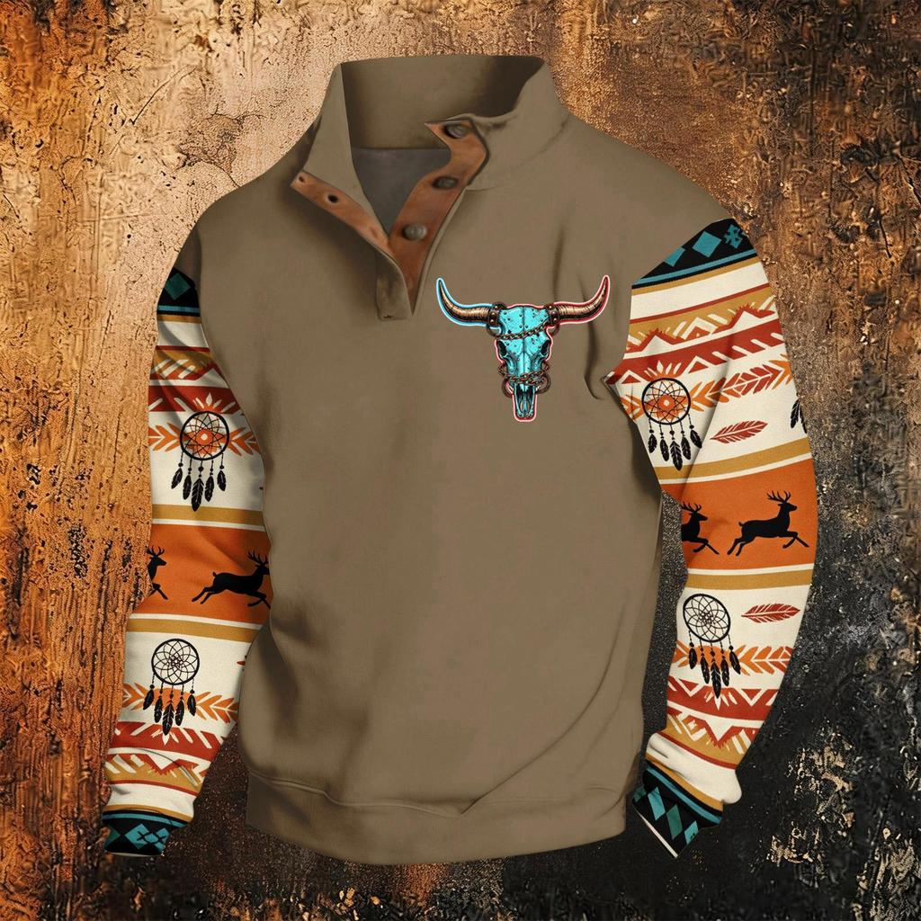 Men's Western Hooded Sweatshirt Long Sleeve Pattern Print Pullover