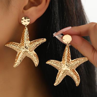 Vintage Gold Color Starfish Pendant Earrings for Women Fashion Metal Five Pointed Star Earrings Seaside Vacation Jewelry Gift