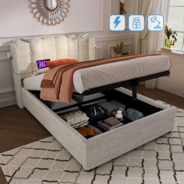 Lit - MUVOE - 90x200 - Rembourré avec liseuse - Recharge USB - Design contemporain