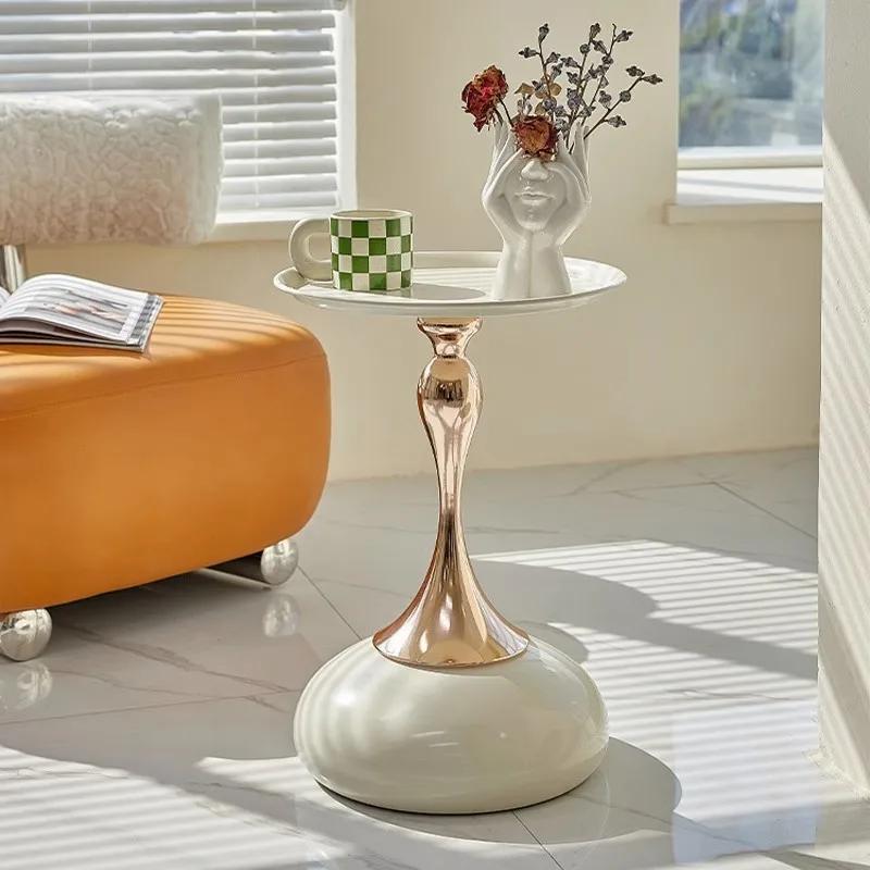 White Round Coffee Table w/ Golden Base - Modern Minimalist Side Table, No Assembly. Sturdy for Living Room, Office & More