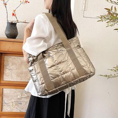 Checkered Down Cotton Shoulder Bag Large Capacity Puffy Bag Simple Cotton-padded Tote Bag  Girls
