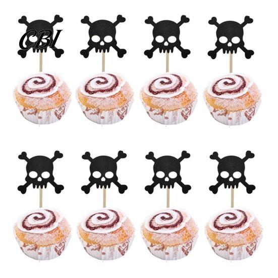 Glitter Black Cake Topper 8 Pcs Halloween Cupcake Picks, Spooky Skull Toppers, Gothic Birthday Party Decoration for Supplies Burr-free