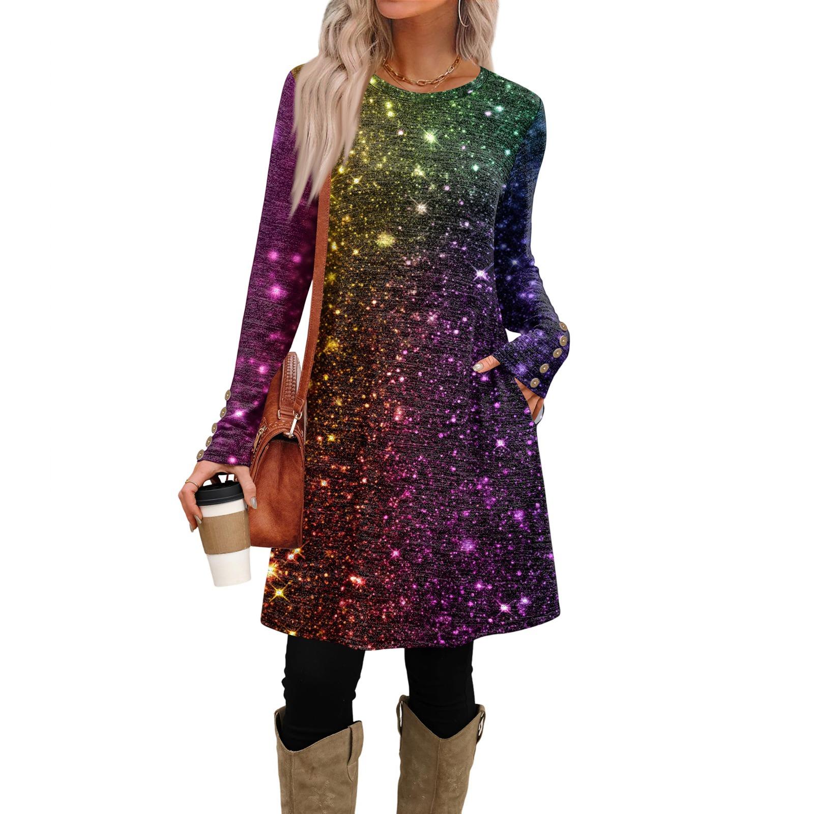 

Women s Fashionable Round Neck Long Sleeved Printed Pocket Button Casual Dress XL жовтий