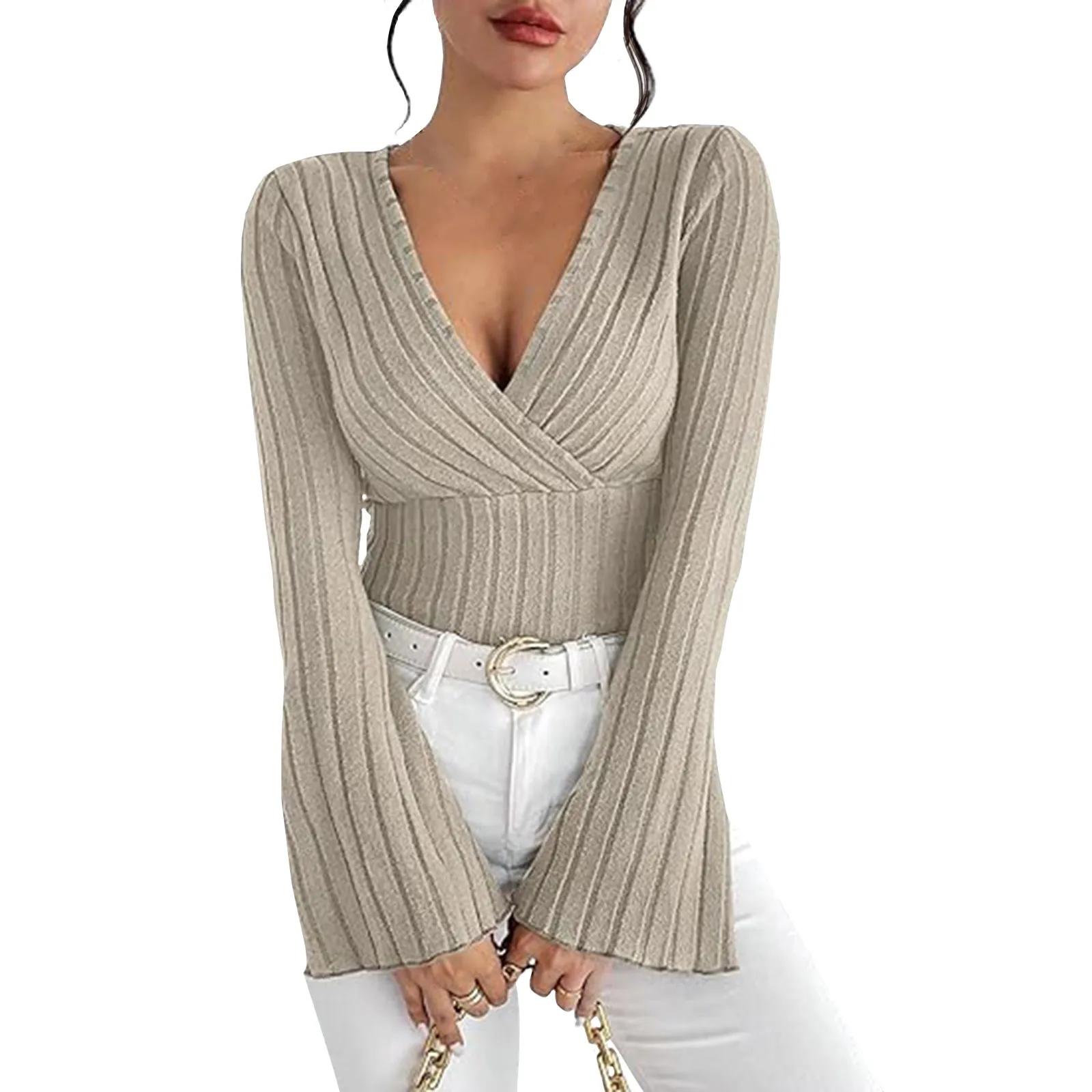 

Женский осенне-зимний топ с длинными рукавами и V-образным вырезом, сексуальный облегающий полосатый вязаный свитер с длинными рукавами L хаки