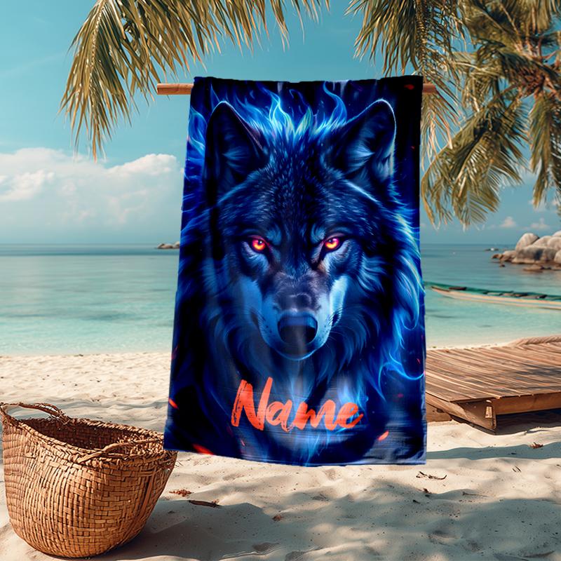 Custom Name Ultra-Soft Beach Towel with Wolf Theme,Ideal for Pool - Camping, Diving - Perfect Travel Essential, Vibrant Beach Towel.