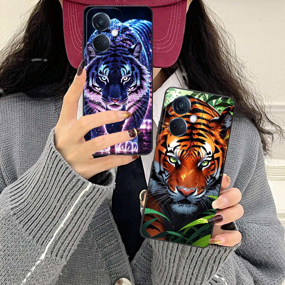 Tiger Neon Mobile Cell Phone Case for OPPO Reno 14 13 12 11 10 9 8 7 6 5 F T Pro 5G Colorful Printing Cover Cover Pretty Luxury