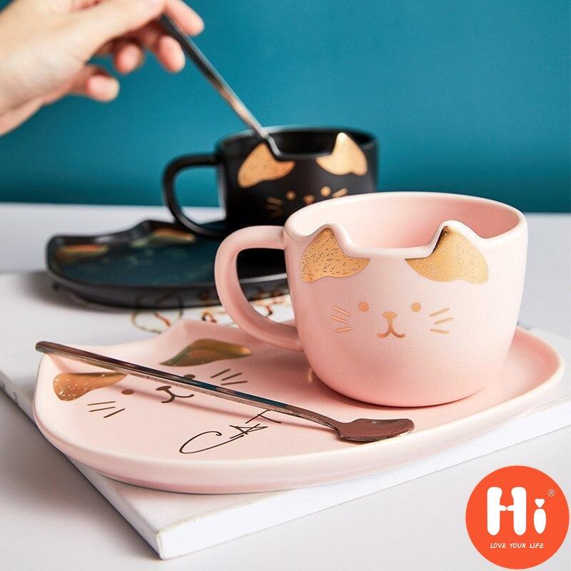 Hi Ceramic Coffee Cup With Saucer Spoon Cartoon Cat Teacup Breakfast Milk Mug Bread Dessert Dish Gift