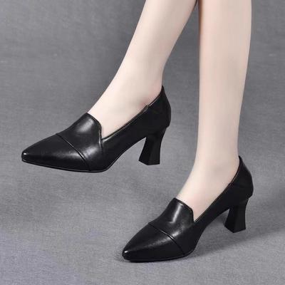 Temperament High Heels Women's Spring and Autumn New Pointed Thick Heel Versatile One-pedal Single Shoes Soft Leather Medium Heel Small Leather Shoes