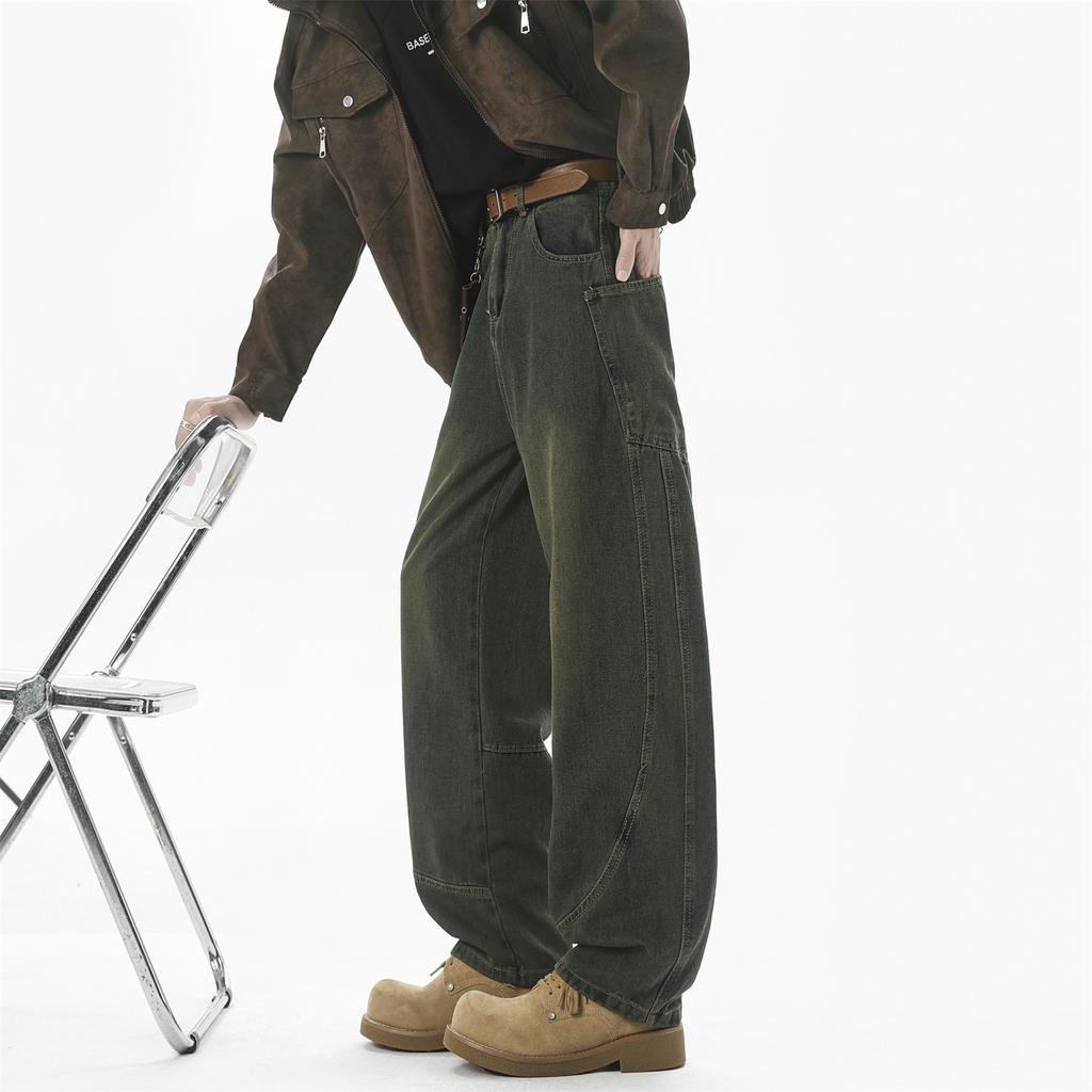 Three-dimensional cutting old jeans men's spring and summer big pockets straight trousers American trendy wide-leg jeans
