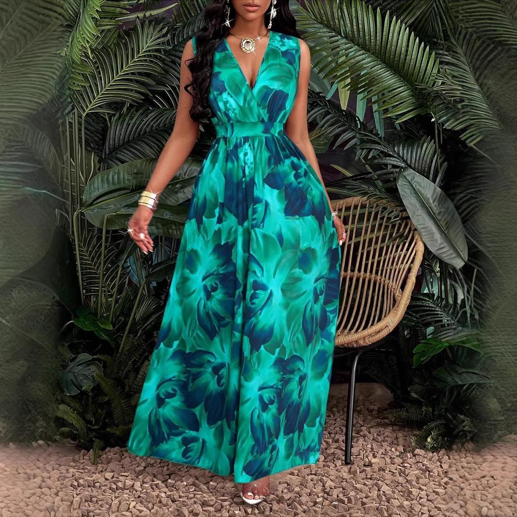 Women's Geometric Print Sleeveless Deep V-Neck A-Line Maxi Dress