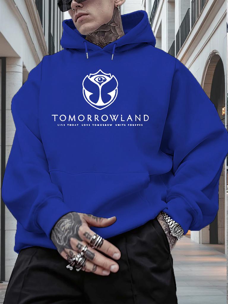 "TOMORROWLAND" Grafikli Erkek Kapüşonlu Sweatshirt - Günlük Pullover Sweatshirt Uzun Kollu Normal Kesim Sonbahar/Kış Günlük Giyim Kapüşonlu Sweatshirt