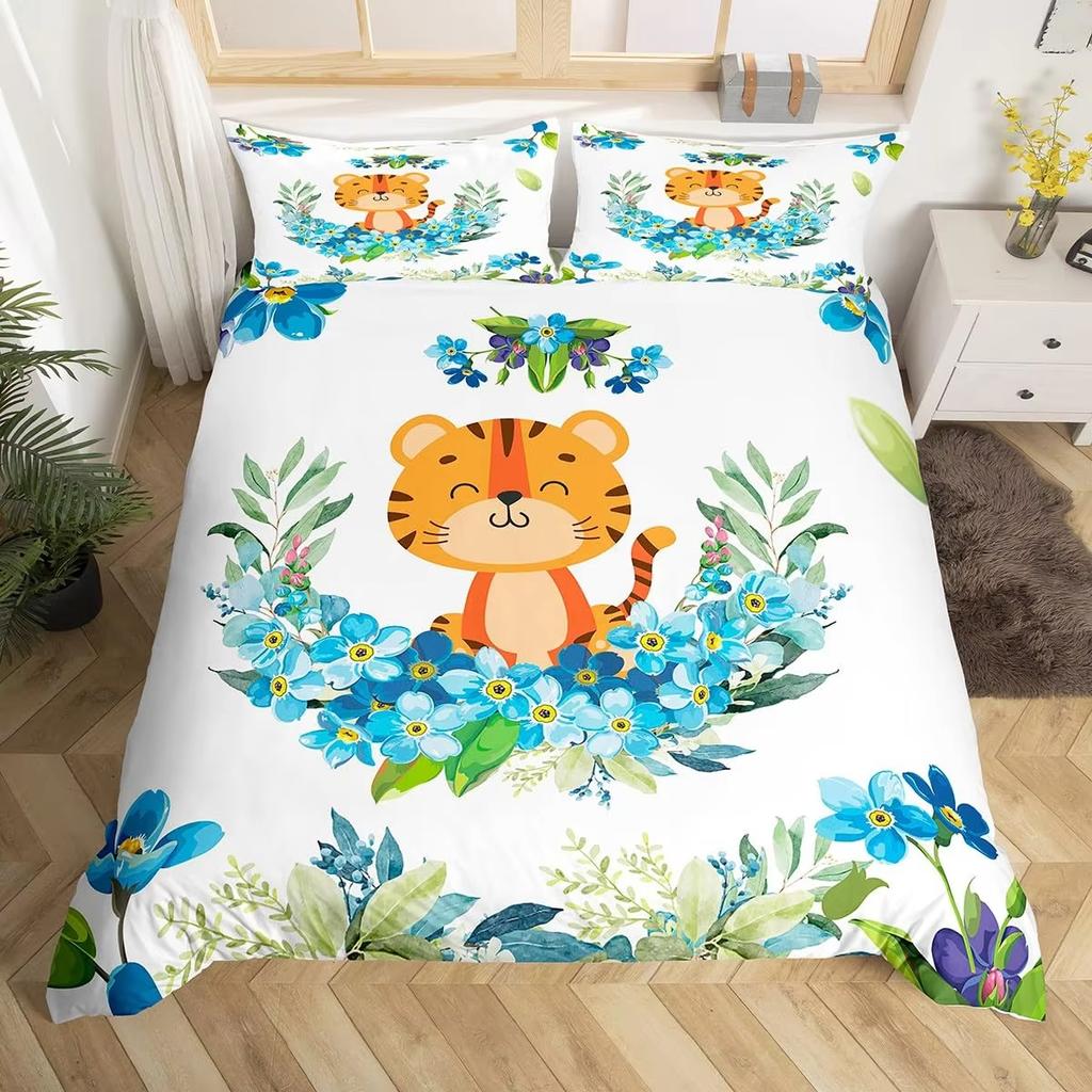 Cartoon Tiger Duvet Cover Set Wild Animal Theme Comforter Cover Kids Teens Adults Soft Microfiber Polyester Bedding Set 2/3 Pcs