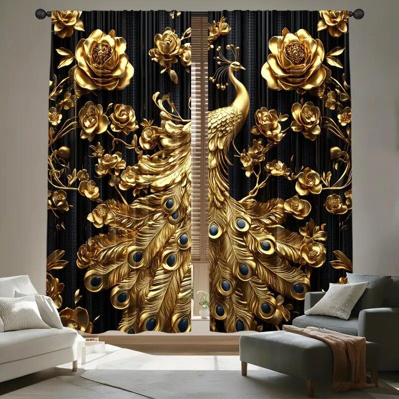 Set Of 2 Elegant Golden Peacock Print Curtains Pole Bag Home Decoration Room Curtain Polyester