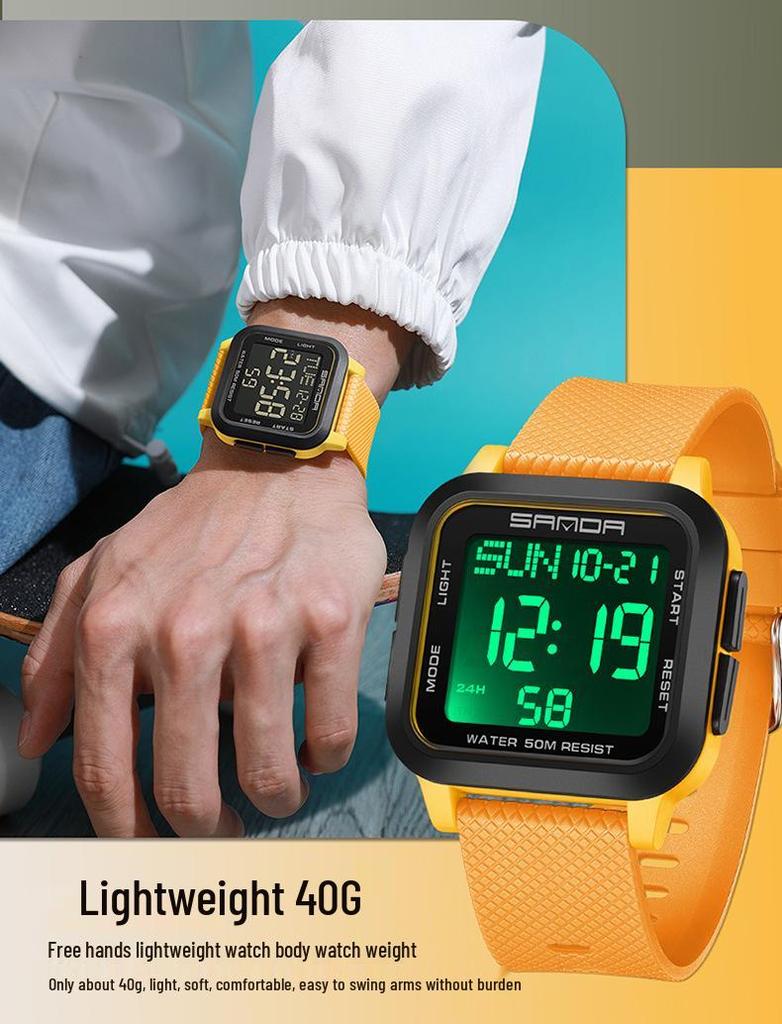 Sanda Student Sports Watch - Waterproof, Luminous Large Dial, Countdown Timer, Multifunction Alarm Clock, Square Electronic Design
