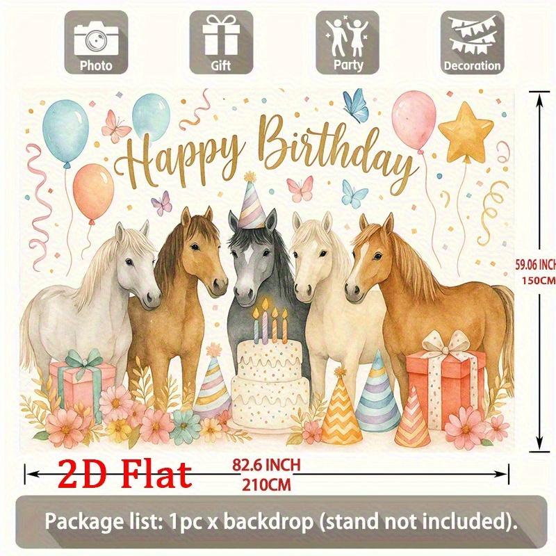 2D Plane Design, Banner for the Horse's Birthday Party, with Warm Blessings - Cute Balloon, Gift and Flower Background Cloth