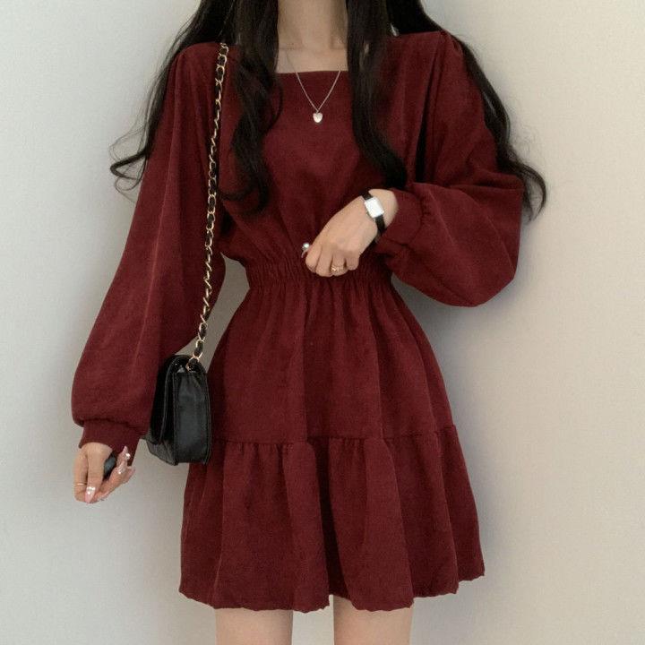 Korejské elegantní šaty mini délka s vysokým pasem dámské gotické černé šaty s dlouhým rukávem čtvercový límec, šaty ve sladkém vintage designu