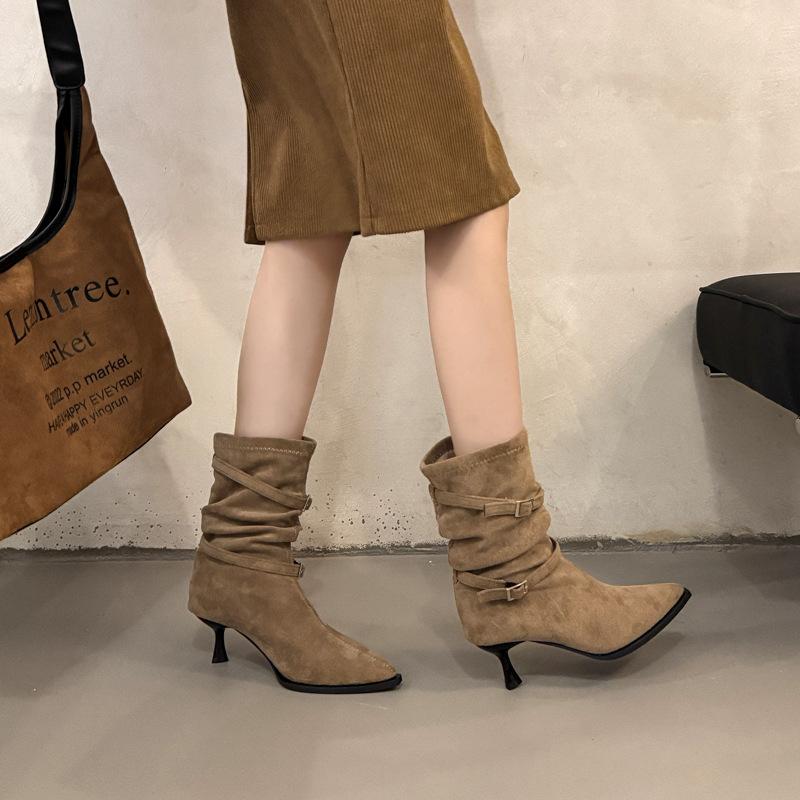 Pointed high-heeled short boots women's 2025 new autumn retro pleated piled boots thin heels western thin boots