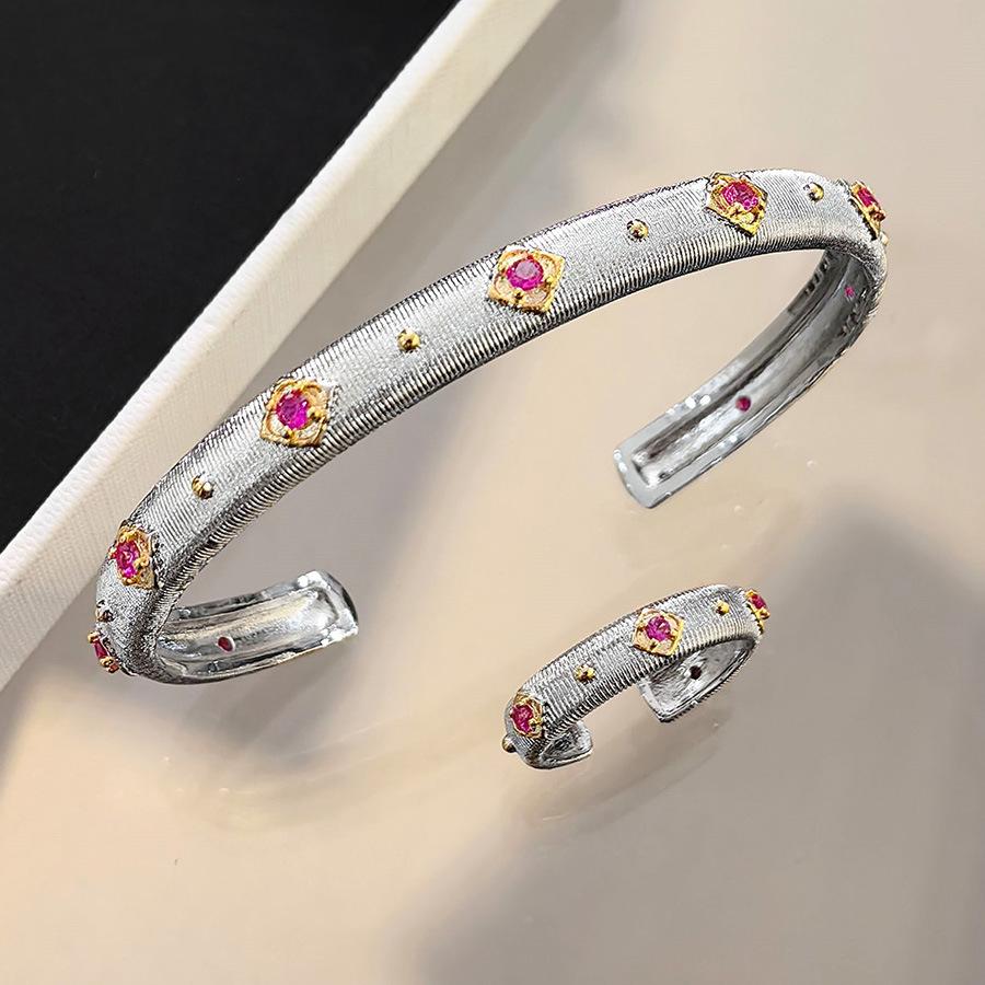 Italian Buccella Silk Craft Woven Gold Engraved Red Corundum Bracelet With Diamonds Two-Color Gold Ring Narrow Version Bracelet Women