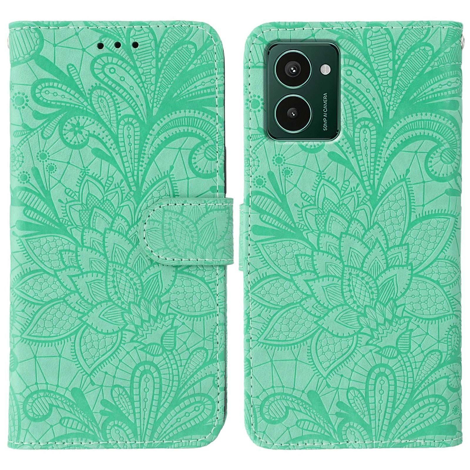 

For HMD Pulse Pro Case Lace Flowers PU Leather Flip Wallet Phone Cover Green