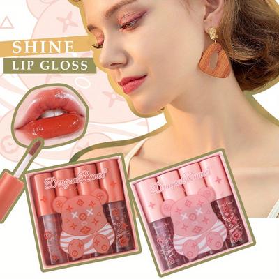 Glossy Non Sticky Lip Oil Set 4PCS Shiny Lip Gloss Water Glass Lip Tint Summer Jelly Lipstick Gift Box