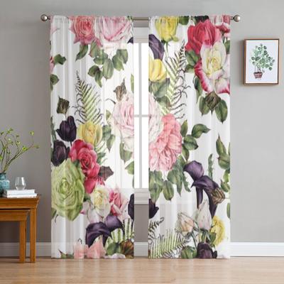 Blommor Rosor Akvarell Blommor Chiffong Skira Gardiner för Vardagsrum Sovrum Kök Dekoration Fönster Voiles Tyll Gardin
