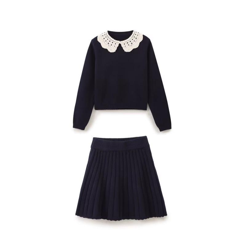 Autumn European & American Women's Color Block Crochet Collar Knit Sweater & Skirt Set