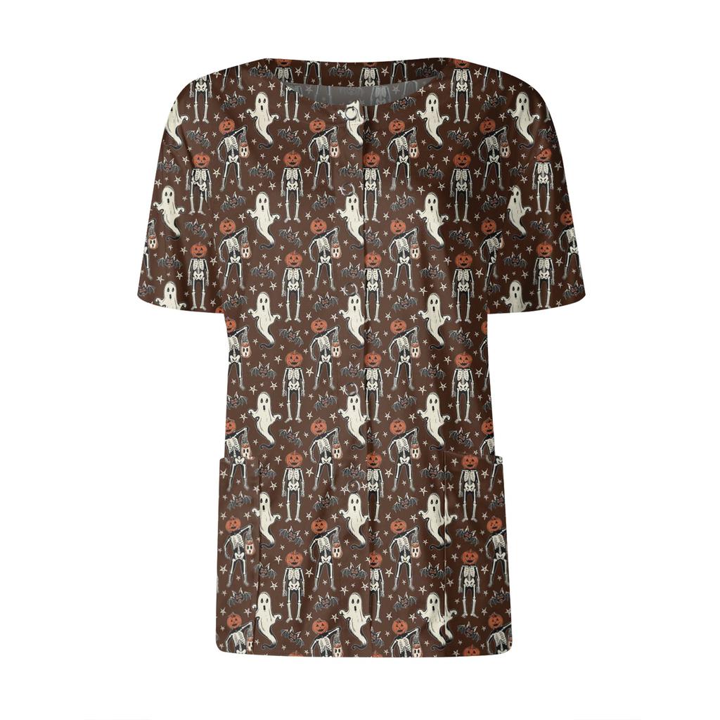 Women's Short Sleeved Patterned Pockets, Work Print Stand Up Collar, Single Breasted Protective Clothing, Cardigan Jacket, Top