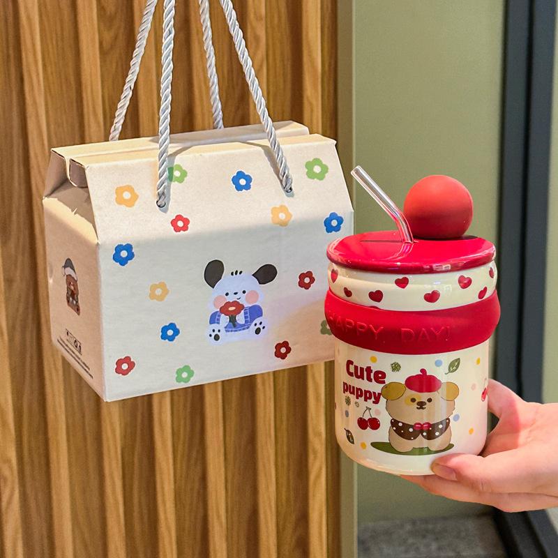 Graduation Gift for Boys and Girls, High-value Mug, Cute Puppy Straw Cup, Children's Practical Souvenir Gift Box