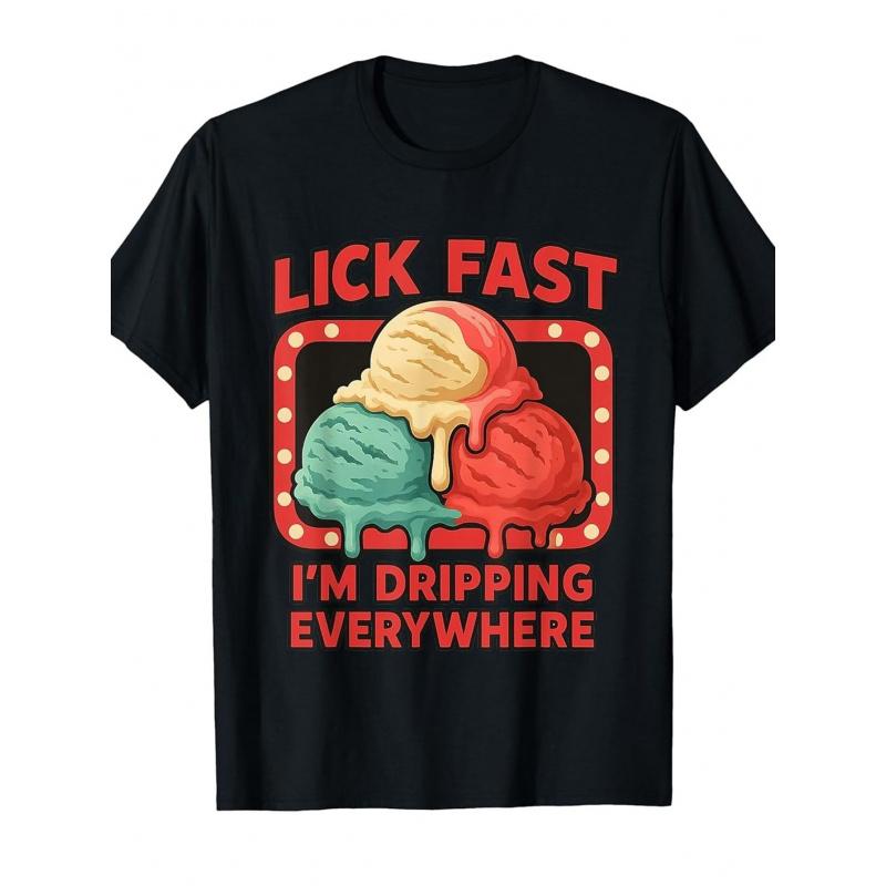 Men'S Funny Ice Cream Graphic T-Shirt - "Lick Fast I'm Dripping Everywhere" Retro Vintage Short Sleeve Tee with Melting Ice Cream Cone Design, Loose