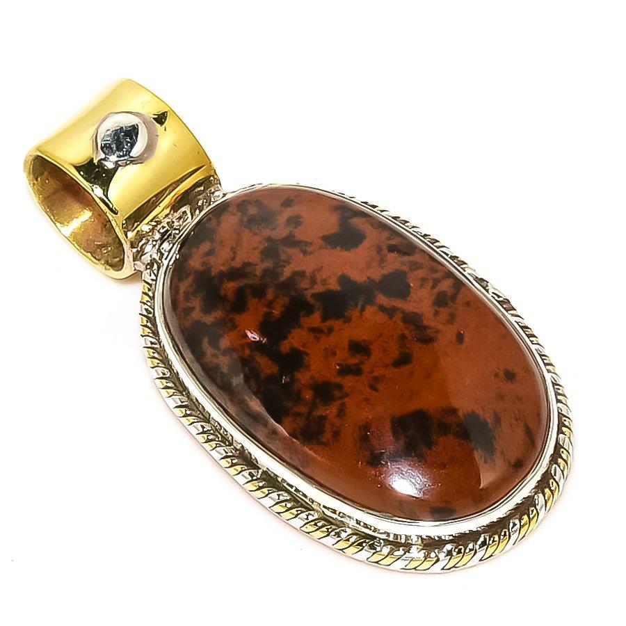 

Natural Mahogany Obsidian Two Tone 925 Solid Sterling Silver Pendant 1.25 c8F24