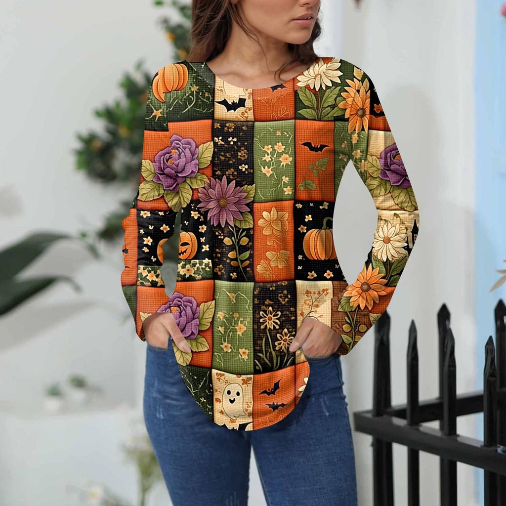 Women's Loose Fit Long Sleeve T-Shirt with Retro Halloween Print, Neck Pullover Top