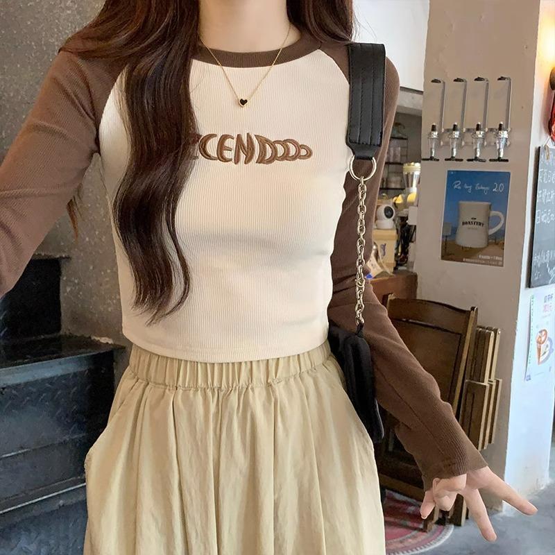 

Футболка в корейском стиле с длинным рукавом и открытым правым плечом для женщин на осень и зиму, с круглым вырезом, облегающая, универсальная, контрастного цвета, с внутренней стороны верха XL