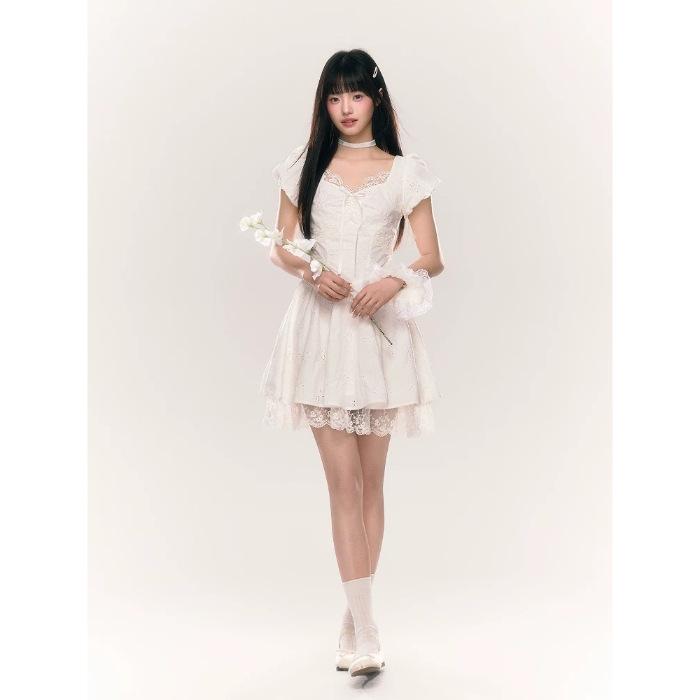 

French gentle wind bubble sleeve white dress children s summer new small temperament lace skirt S