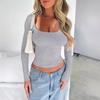 Top Y2K Feminino Slim e Justo Cor Sólida Decote U Manga Longa