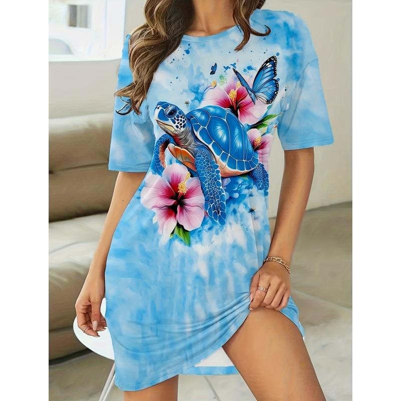 3D Print Dress 2026 Ladies Blue Turtle Print Short Sleeve Large Size T-Shirt Going Out & Home Wear Ladies Pajamas