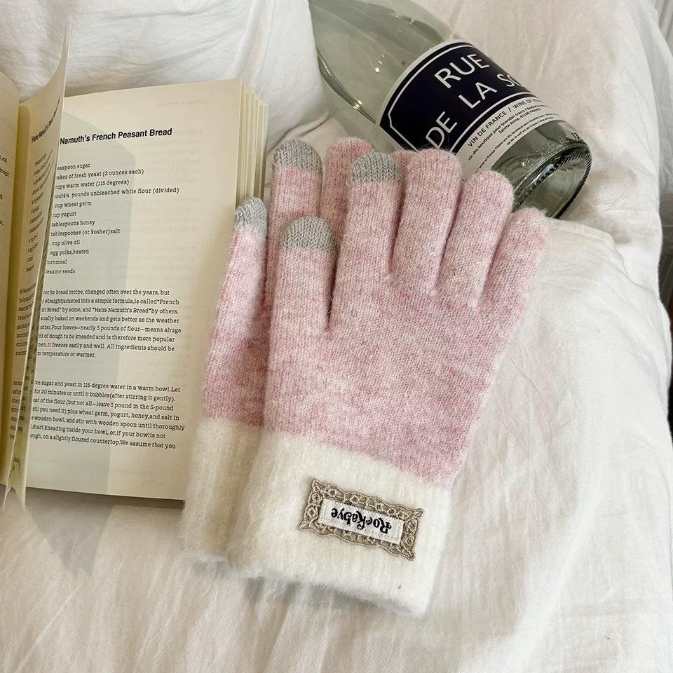 Cute Woolen Gloves for Women Plus Velvet and Thickening  Korean Style Low Saturation Cream Style Finger Gloves  Warm Five Finger Gloves