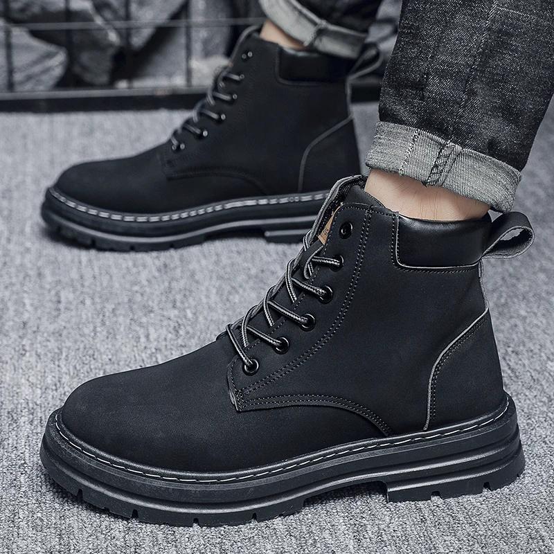 Men's Leather Shoes High Top Boots Fashionable Motorcycle Shoes Ankle Boots Winter Boots Men's Hiking Shoes Lace Up Botas Hombre