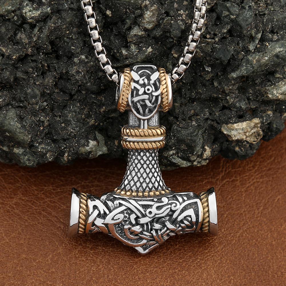 Unique Stainless Steel Vikings Thor Hammer Pendant Vintage Scandinavian Rune Necklace for Men Punk Jewelry Accessories
