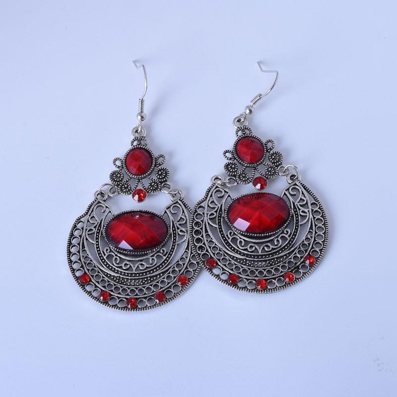 European & American Bohemian Gemstone Pendant Earrings with Retro Hollow Carving