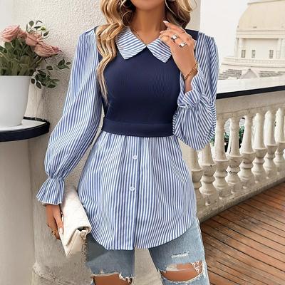Ladies Casual Commuter Striped Long Sleeve Shirt Top