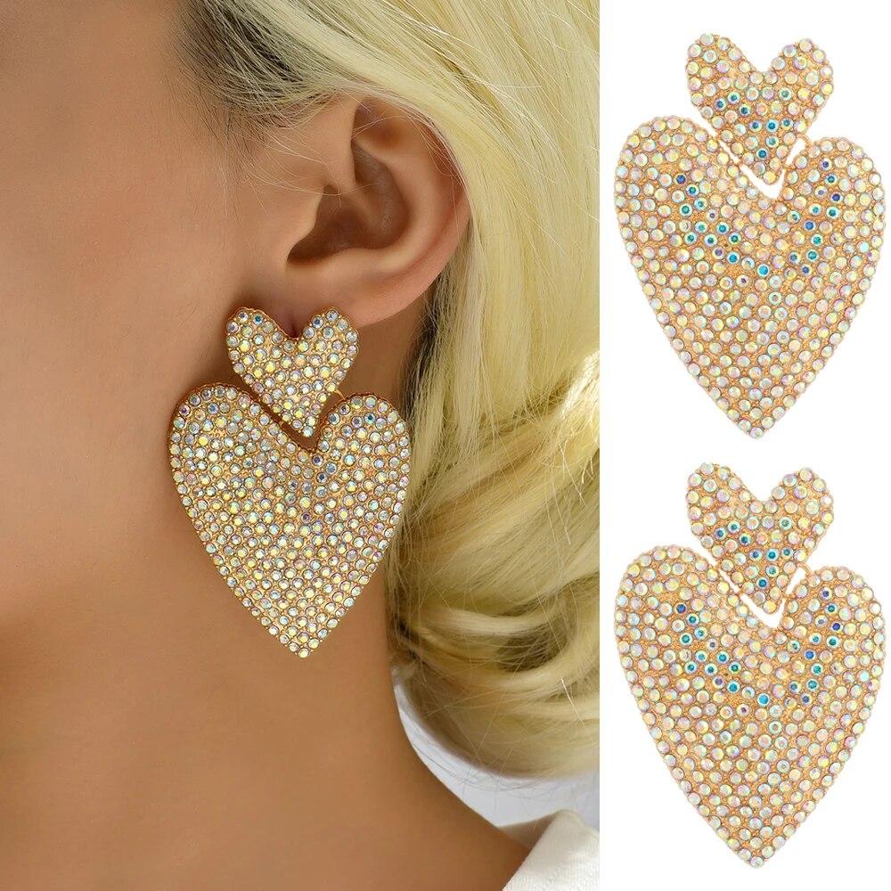 

Металлический декор в виде сердца, большие висячие серьги со стразами для женщин, трендовые очаровательные роскошные дизайнерские вечерние подвески, ювелирные аксессуары