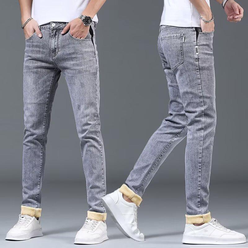 Jeans d'hiver pour hommes 2024 Doublés polaire Épaissis Coupe droite ajustée Amples Extensibles Garde au chaud Décontractés Pantalons longs pour hommes