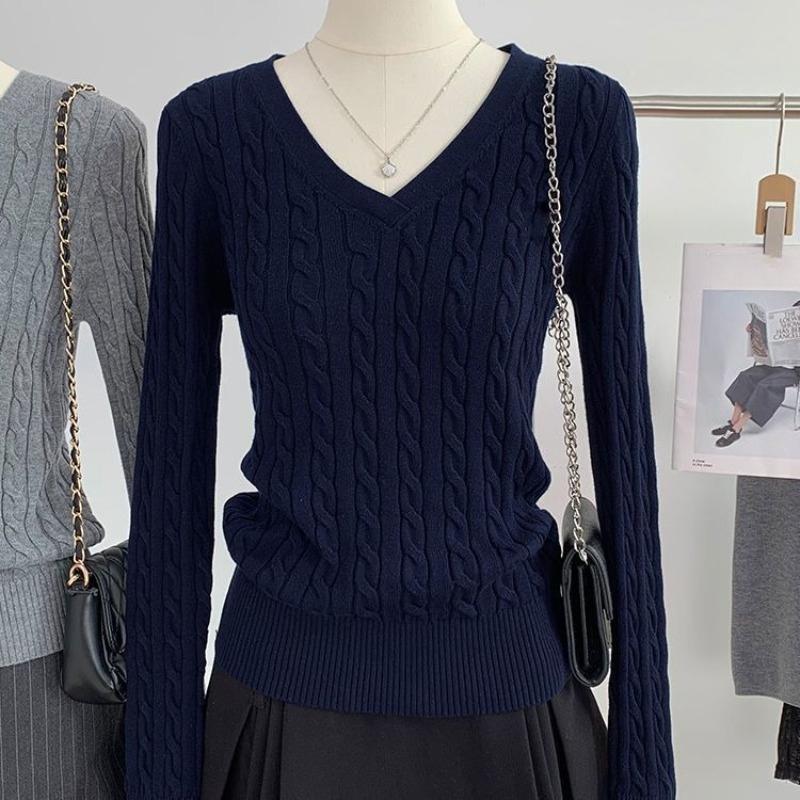 Women's Knitted Pullovers Autumn and Winter New Casual Grey V-neck Women's Sweater College Style Long Sleeve Twist Simple Female Sweater Tops