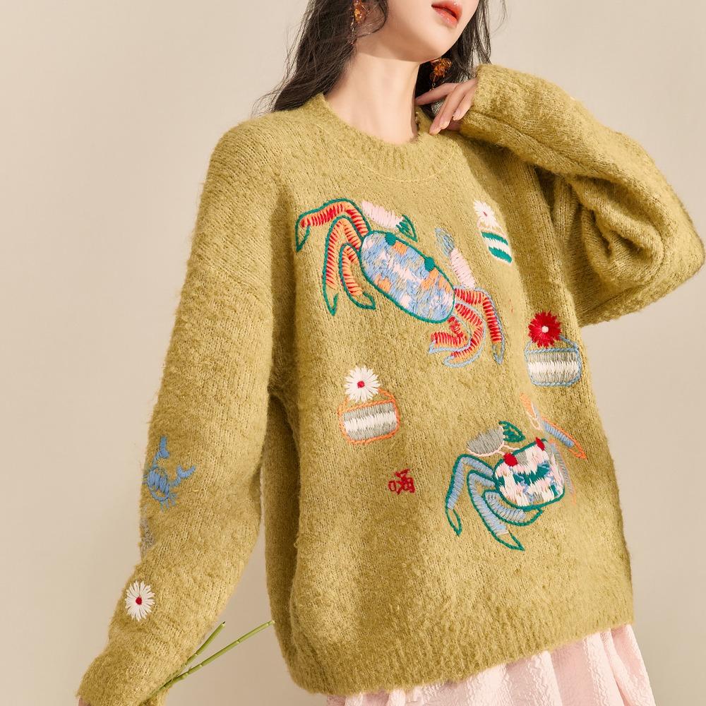 Dimanaf 2025 Women Autumn Embroidery Sweater Design Basic New Fashion Tops Tees Casual Loose Tees