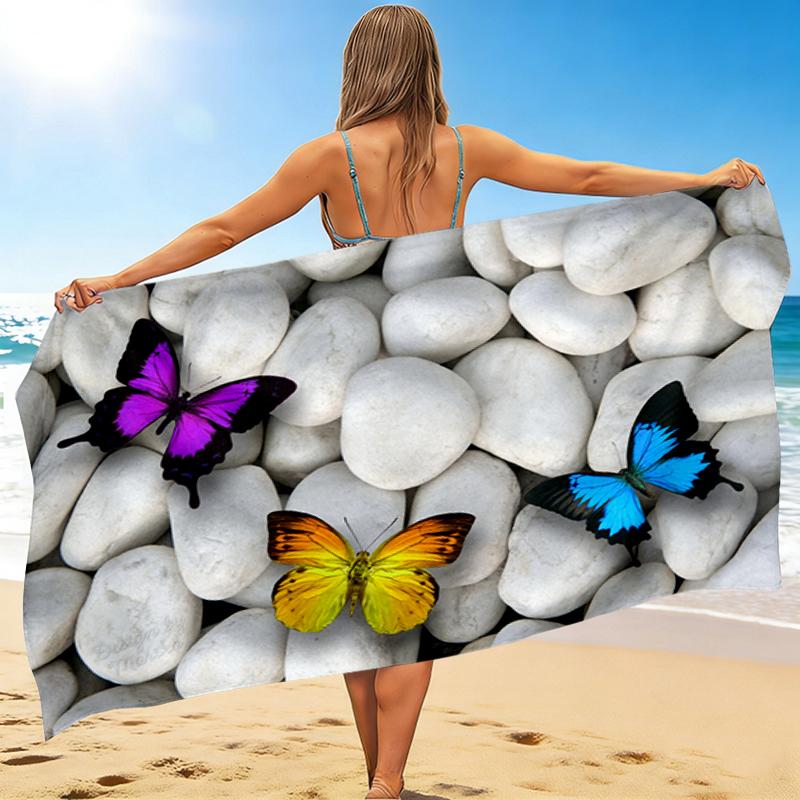 1Pc Butterflies Pebbles Beach Towel, Quick Dry, Multi-Use for Beach Pool Gym Yoga Home Travel, Christmas, Halloween, Xmas Gift M928109