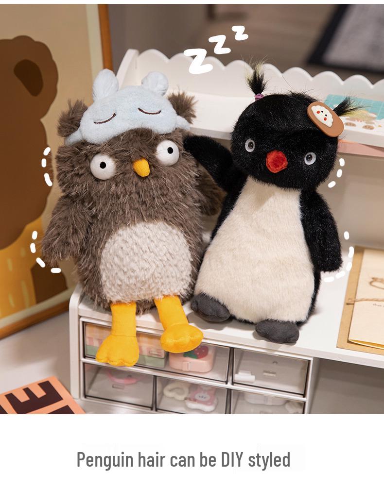 Frizzy Penguin Plush: Ugly-Cute Owl Eye Mask and Exploding Head Ronnie Calming Doll for Sweet Sleep Prank