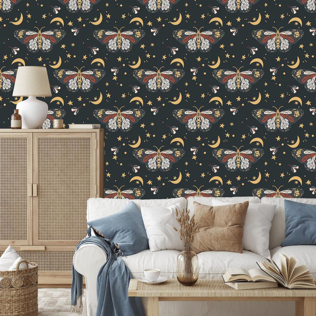 Rainbows and Butterflies Boho Wallpaper, Turquoise and Graphite, for Living Room and Bedroom, 50x1000