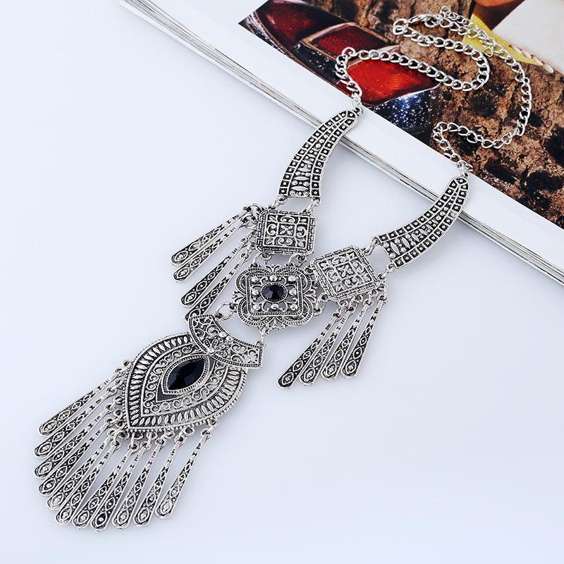 Vintage Ethnic Exaggerated Statement Necklaces Antique Silver Carved Water Drop Tassel Necklaces For Women Boho Jewelry