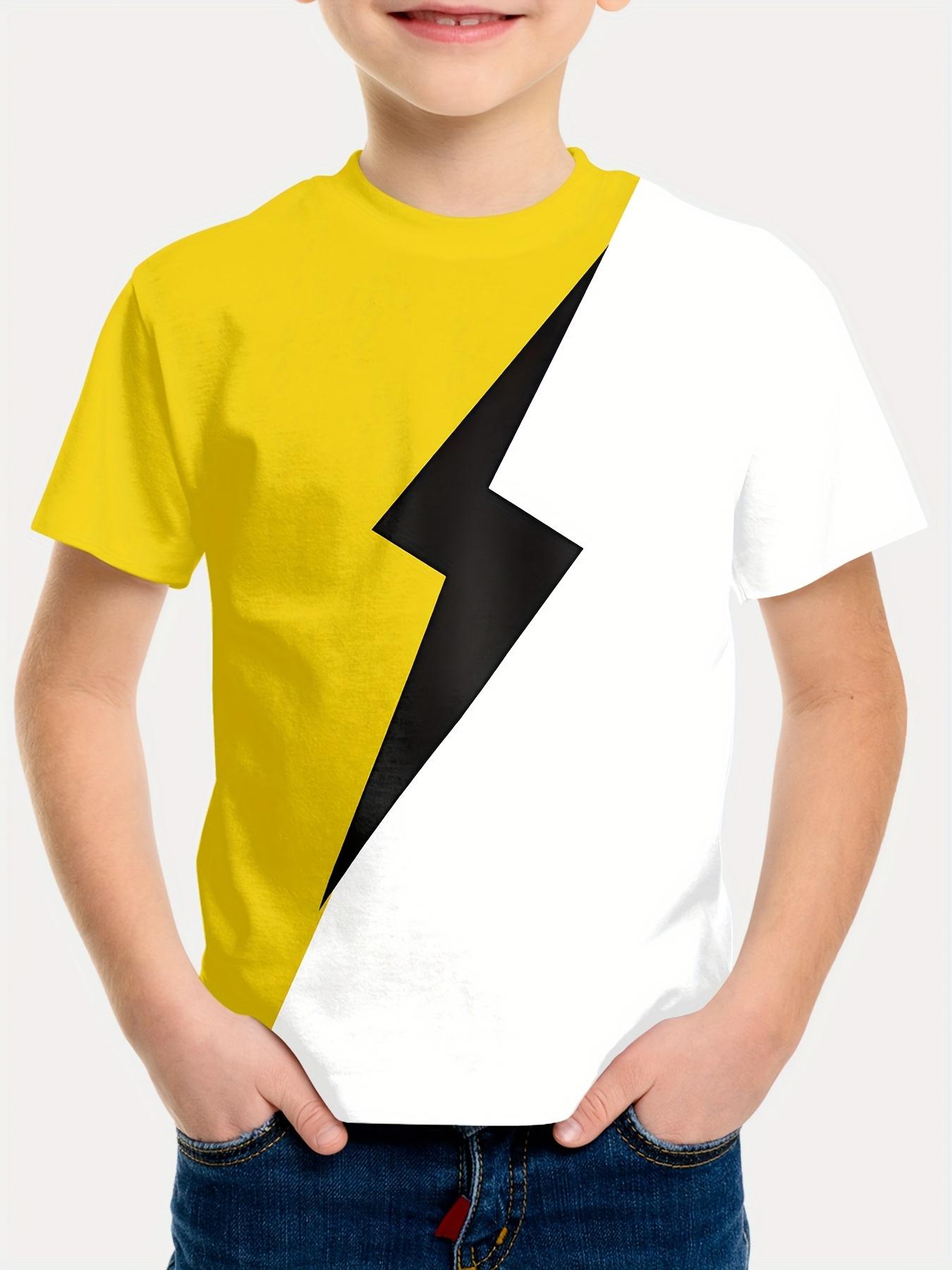 Boys and Girls Crew Neck T-Shirt, Boys Lightning Graphic T-Shirt – White and Yellow Contrast Short Sleeve Top 100